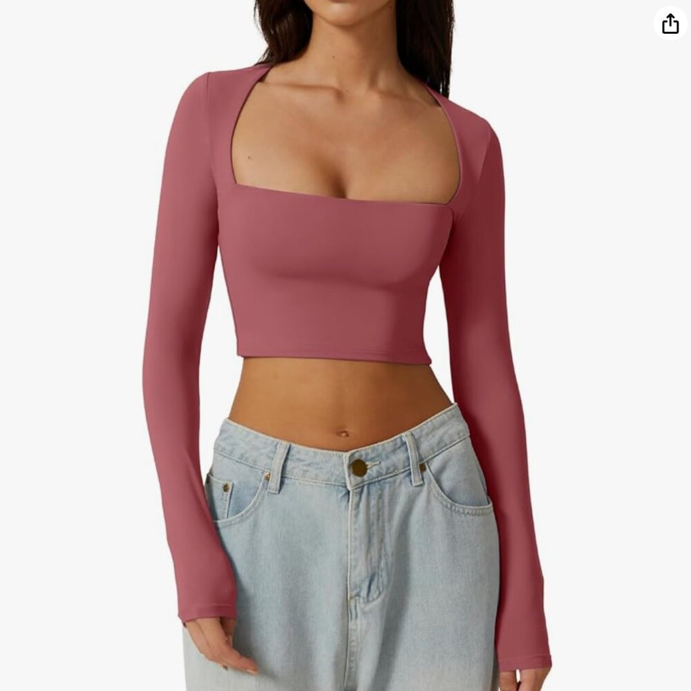 Women's Sexy Square Neck Crop Top Long Sleeve Slim Fit Cropped T Shirts